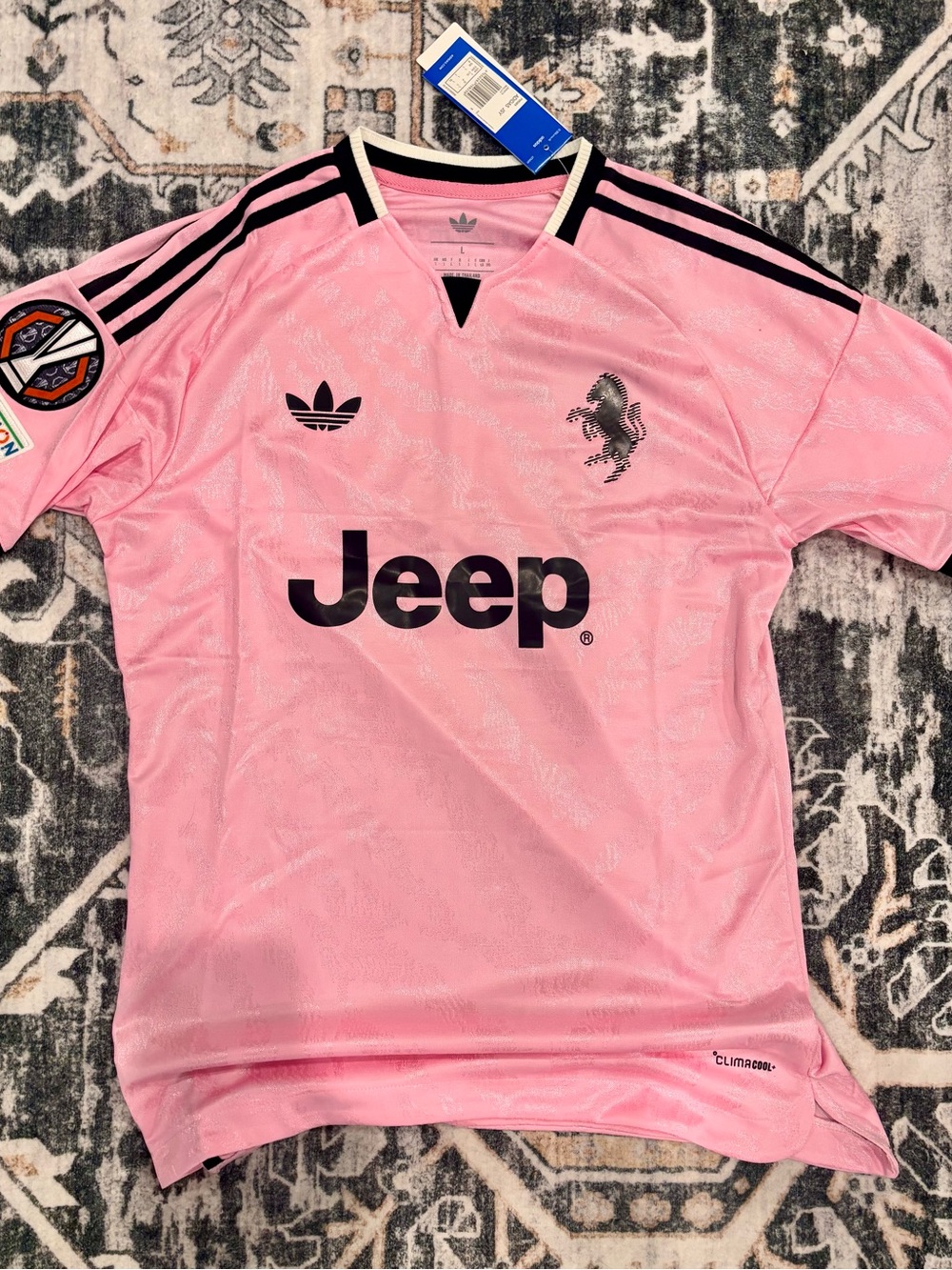 adidas Pink Jeep Logo Mens size L Soccer Jersey with Black Trim